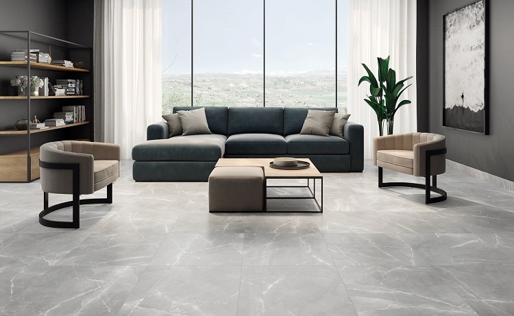 Gạch lát nền 60x60 cho phòng khách vân đá màu xám