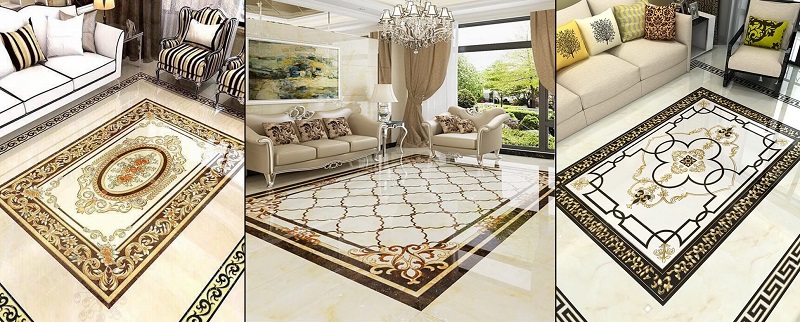 Mẫu gạch lát nền phòng khách có họa tiết ấn tượng